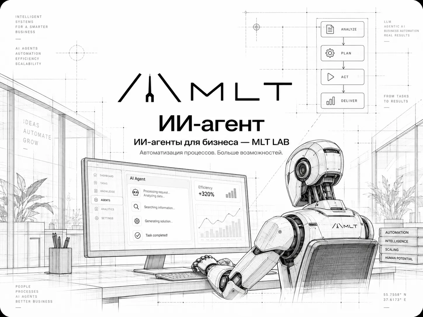 ИИ-агент MLT в рабочей панели: анализирует запрос, ищет данные, формирует решение и закрывает задачу