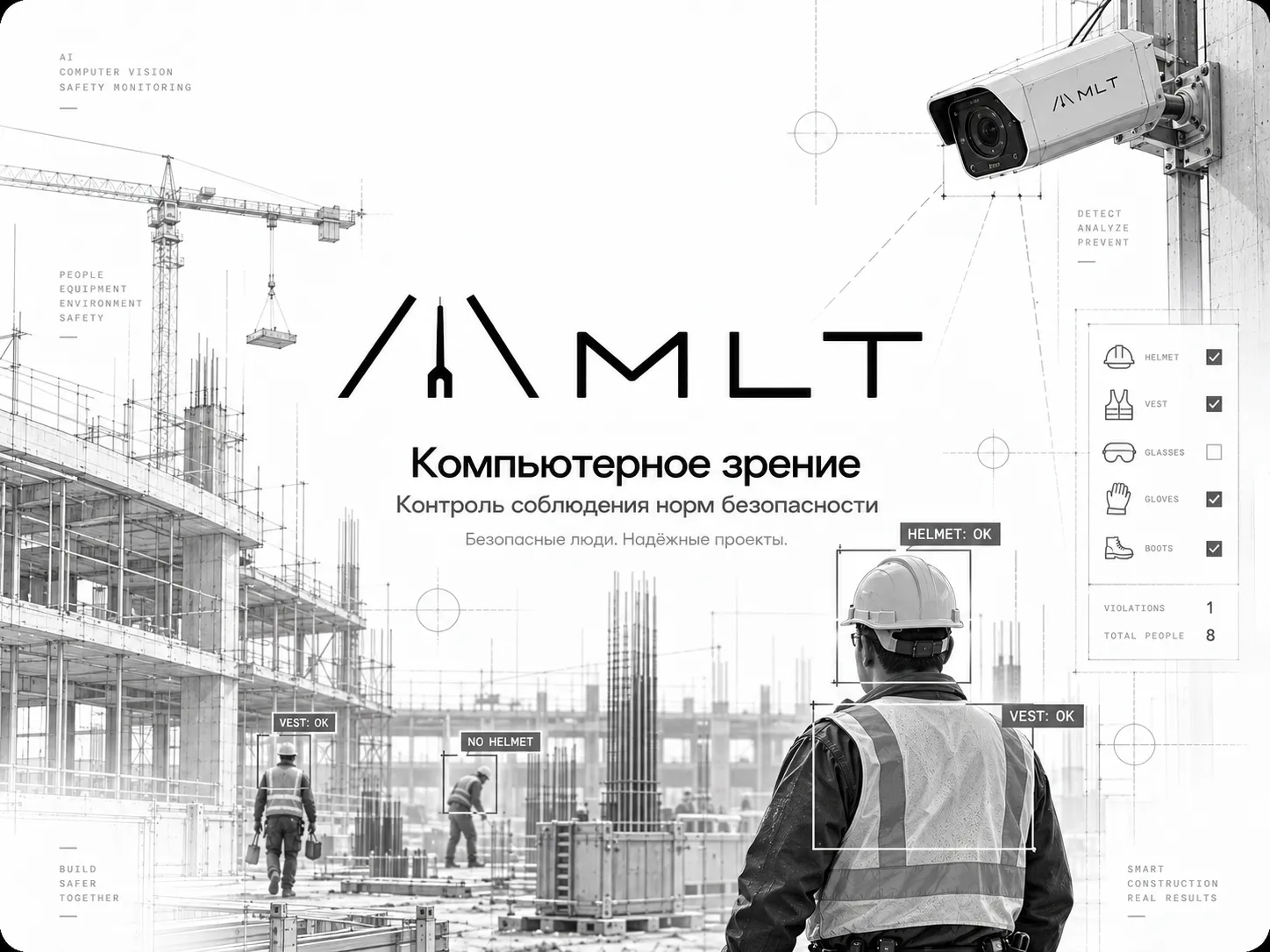 Компьютерное зрение MLT на стройплощадке: система отмечает каску, жилет и перчатки у рабочих и фиксирует нарушение — рабочего без каски