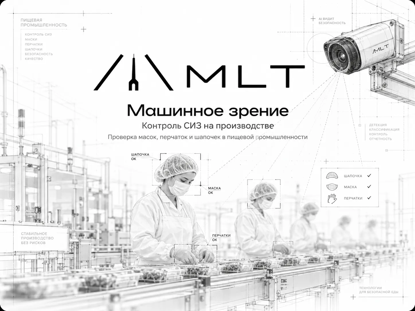 Машинное зрение MLT проверяет шапочки, маски и перчатки у сотрудников на линии пищевого производства